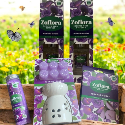 Allglazz Midnight Blooms Home Fragrance Set, Reed Diffuser, Tealight Candles, Scent Crystals, White Ceramic Holder free bespoke greetings card for any occasion