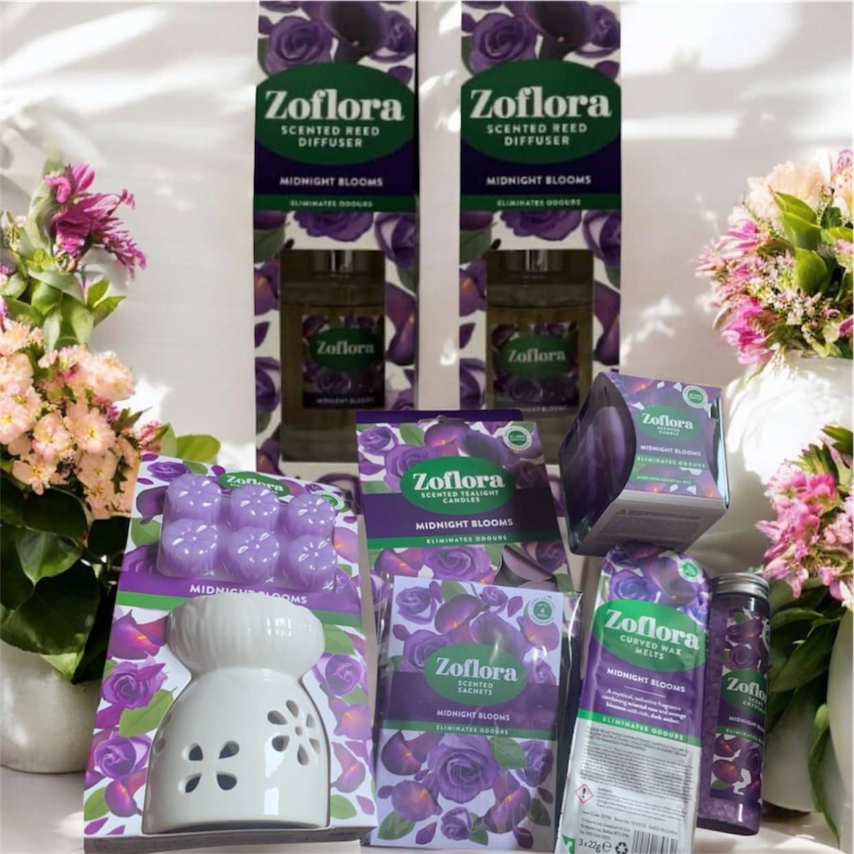 Allglazz Midnight Blooms Home Fragrance Collection, Reed Diffusers, Ceramic Burner Set with Wax Melts, Candles and Sachets free bespoke greetings card for any occasion