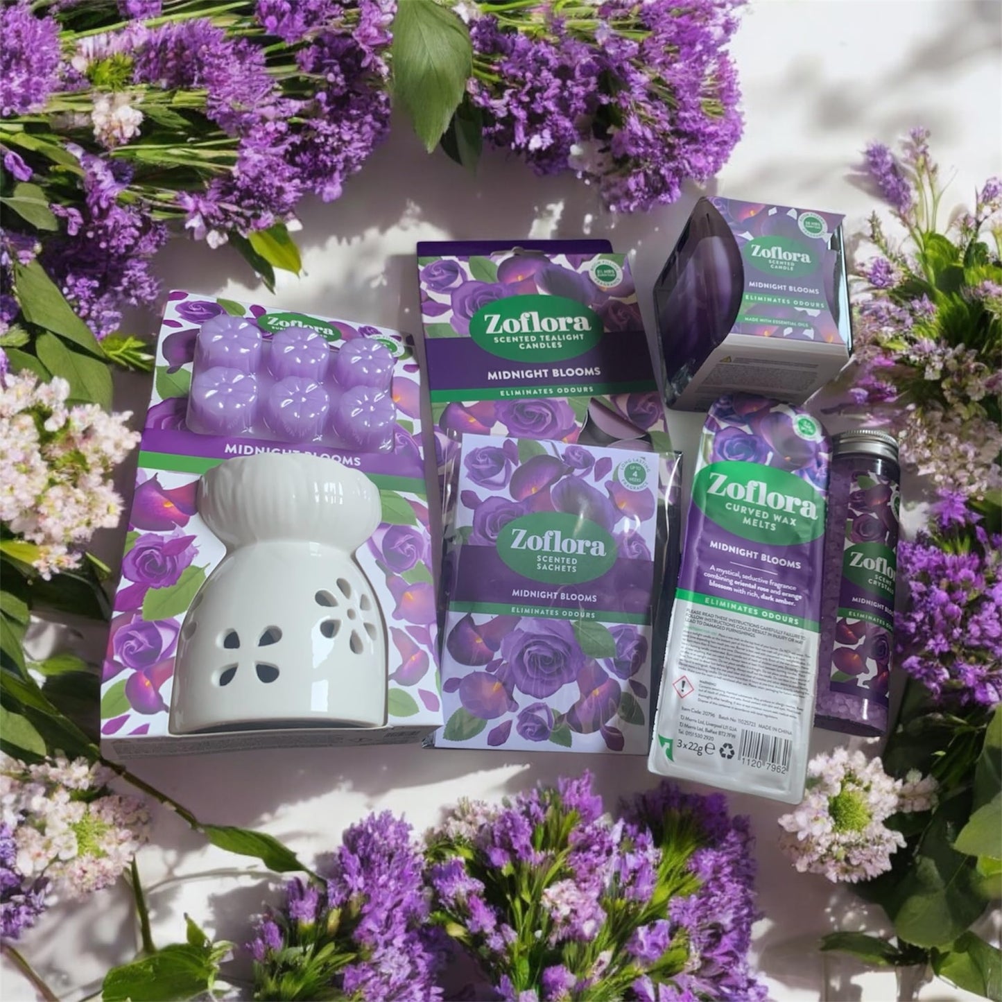 Allglazz Midnight Blooms Home Fragrance Gift Set, Ceramic Burner with Scented Crystals, Wax Melts and Candles free bespoke greetings card for any occasion