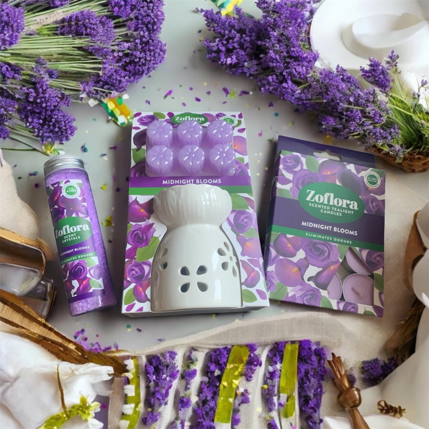 Allglazz Gift Hamper Midnight Blooms Gift Set, Scented Crystals, Wax Melts and Tealight Candles, Home Fragrance Collection, Free Bespoke Greetings Card for Any Occasion