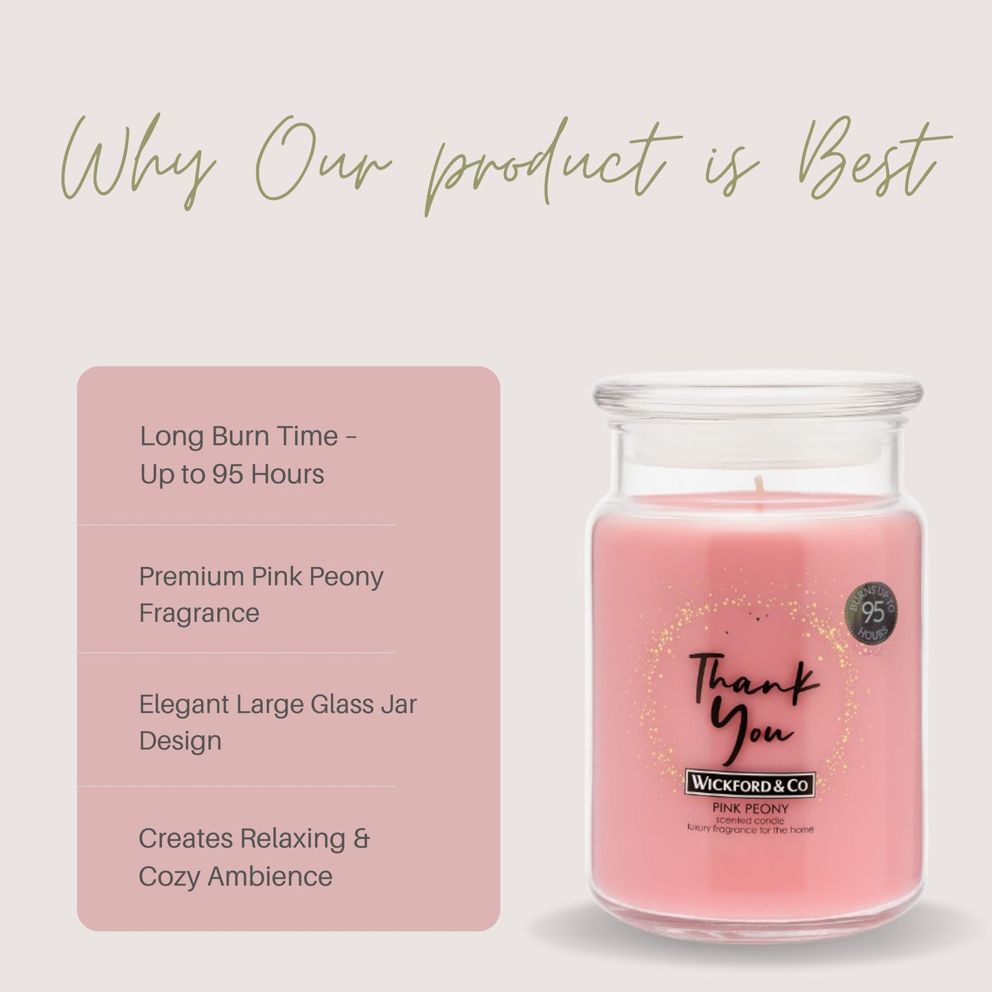 Allglazz Wickford & Co. Pink Peony Scented Candle Jar, 95 Hour Burn, Large Long Lasting Luxury Floral Candle in Glass Jar, Romantic Pink Candle for Relaxation, Home Fragrance, Stress Relief