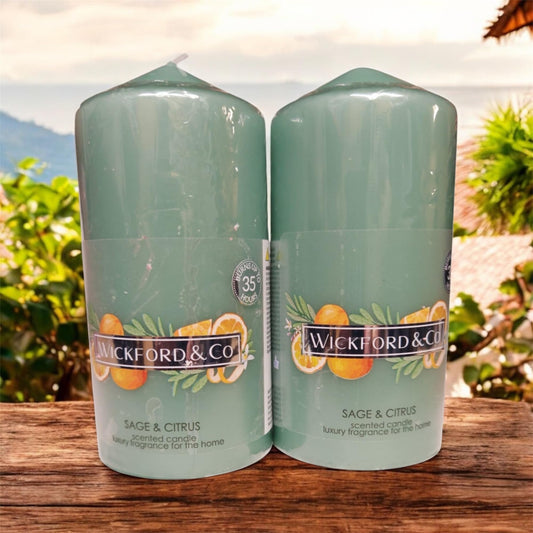 Sage & Citrus Scented Pillar Candles, Luxury Home Fragrance, Set of 2, 35 Hour Burn Time