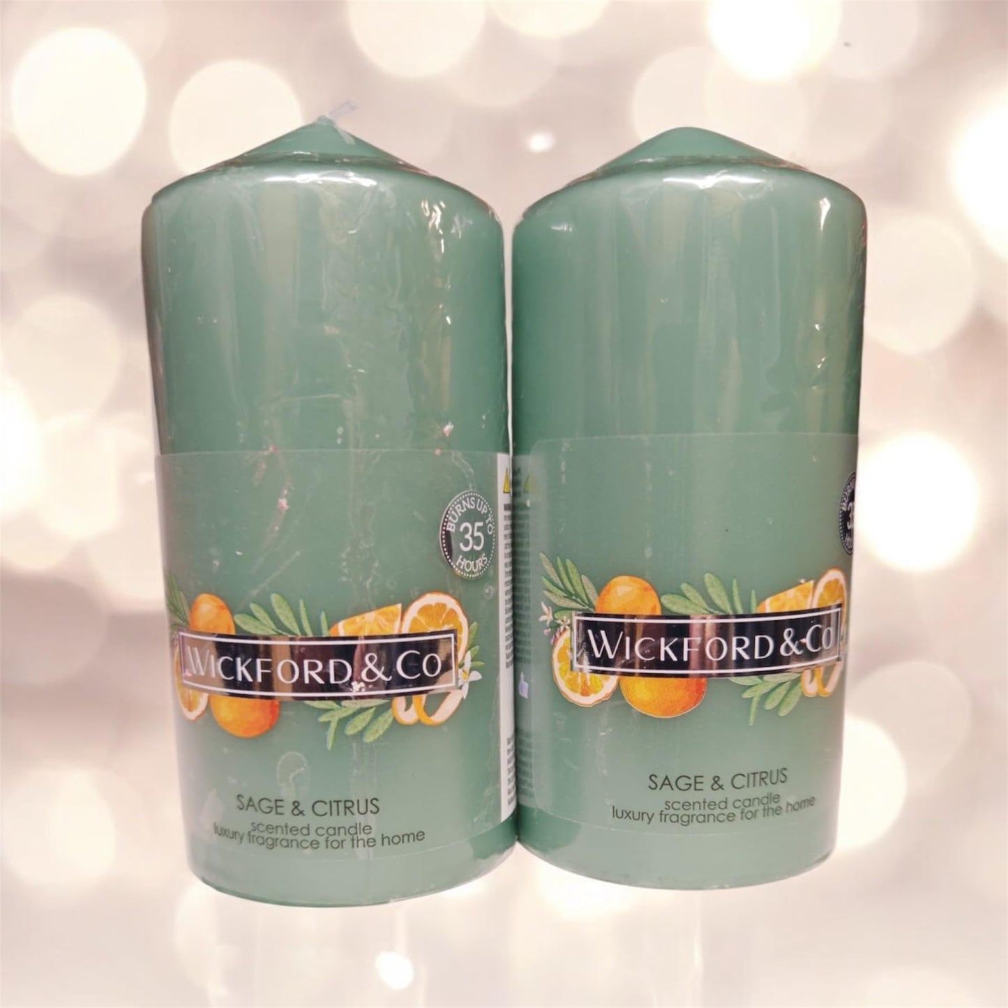 Sage & Citrus Scented Pillar Candles, Luxury Home Fragrance, Set of 2, 35 Hour Burn Time