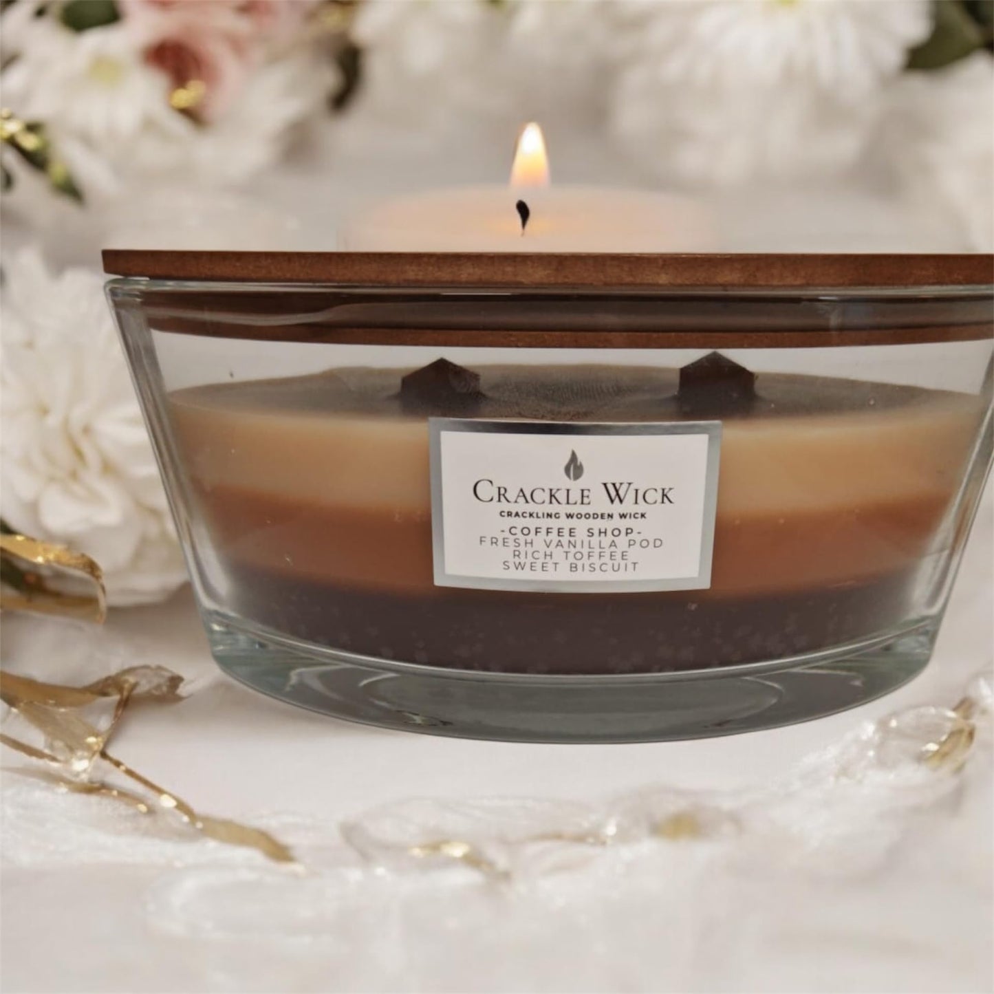 Crackle Wick Coffee Shop Layered Scented Candle with Wooden Wick, Fresh Vanilla Pod, Rich Toffee & Sweet Biscuit