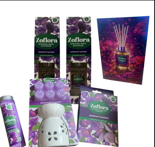 Allglazz Midnight Blooms Home Fragrance Set, Reed Diffuser, Tealight Candles, Scent Crystals, White Ceramic Holder free bespoke greetings card for any occasion