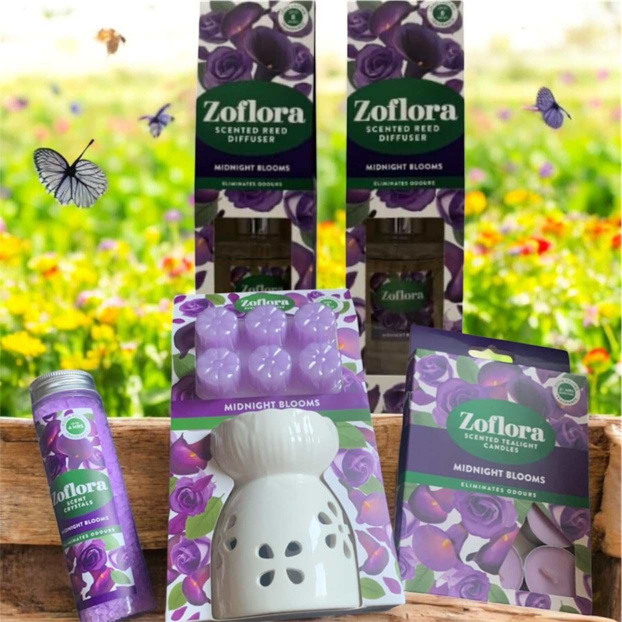 Allglazz Midnight Blooms Home Fragrance Set, Reed Diffuser, Tealight Candles, Scent Crystals, White Ceramic Holder free bespoke greetings card for any occasion