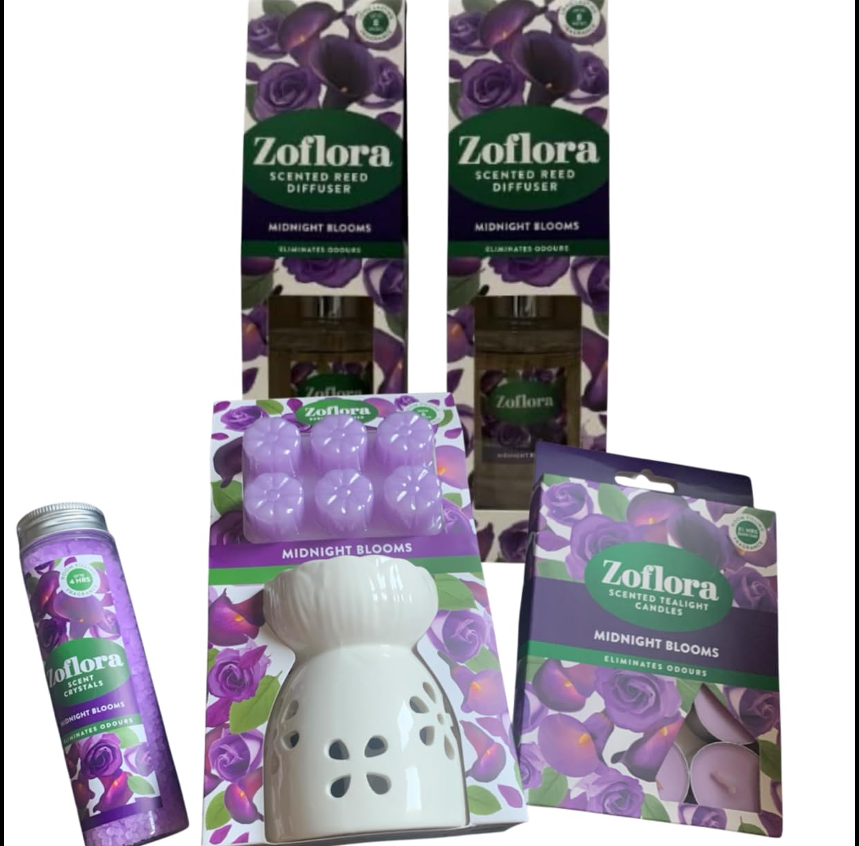 Allglazz Midnight Blooms Home Fragrance Set, Reed Diffuser, Tealight Candles, Scent Crystals, White Ceramic Holder free bespoke greetings card for any occasion