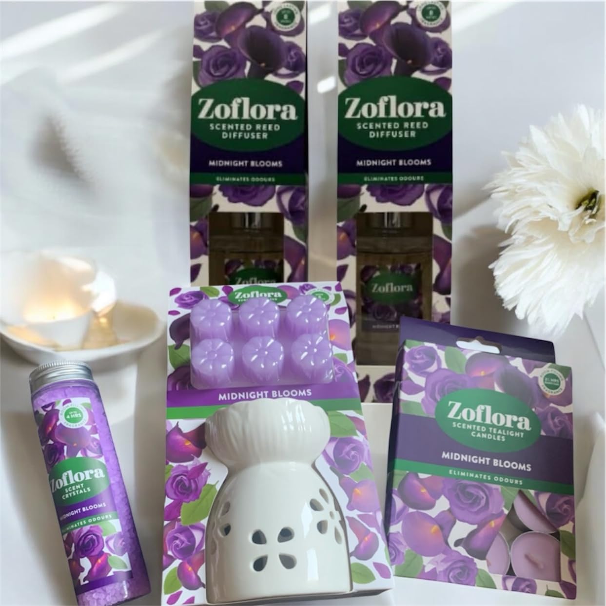 Allglazz Midnight Blooms Home Fragrance Set, Reed Diffuser, Tealight Candles, Scent Crystals, White Ceramic Holder free bespoke greetings card for any occasion