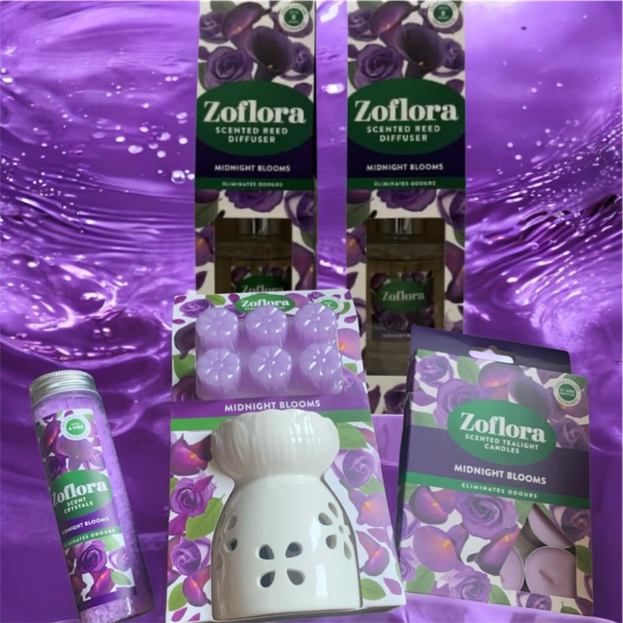 Allglazz Midnight Blooms Home Fragrance Set, Reed Diffuser, Tealight Candles, Scent Crystals, White Ceramic Holder free bespoke greetings card for any occasion