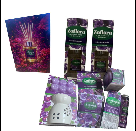 Allglazz Midnight Blooms Home Fragrance Collection, Reed Diffusers, Ceramic Burner Set with Wax Melts, Candles and Sachets free bespoke greetings card for any occasion