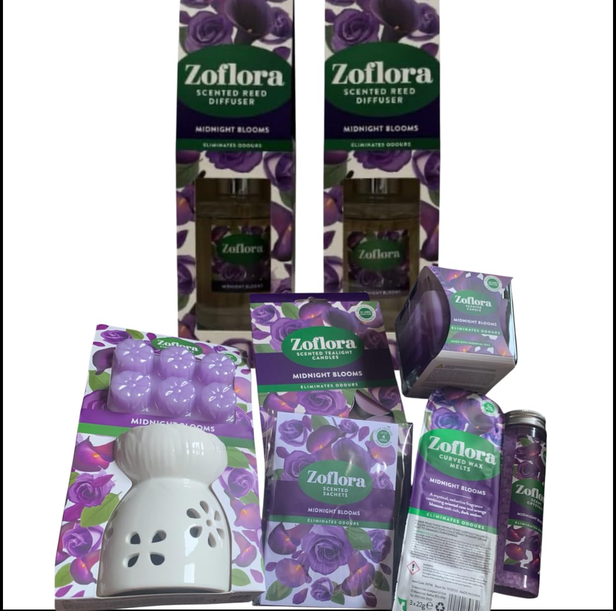 Allglazz Midnight Blooms Home Fragrance Collection, Reed Diffusers, Ceramic Burner Set with Wax Melts, Candles and Sachets free bespoke greetings card for any occasion