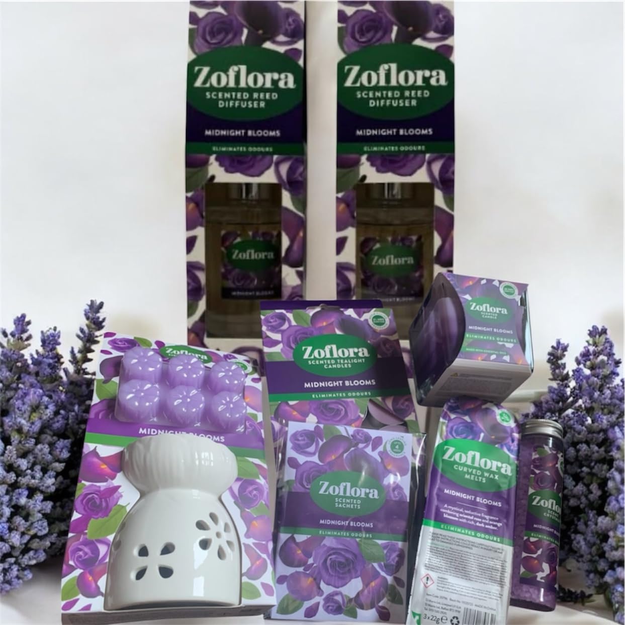 Allglazz Midnight Blooms Home Fragrance Collection, Reed Diffusers, Ceramic Burner Set with Wax Melts, Candles and Sachets free bespoke greetings card for any occasion
