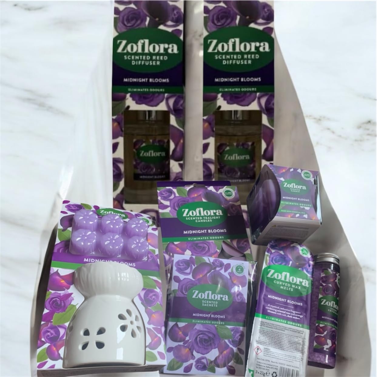 Allglazz Midnight Blooms Home Fragrance Collection, Reed Diffusers, Ceramic Burner Set with Wax Melts, Candles and Sachets free bespoke greetings card for any occasion