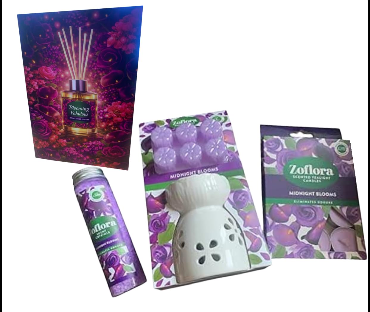 Allglazz Gift Hamper Midnight Blooms Gift Set, Scented Crystals, Wax Melts and Tealight Candles, Home Fragrance Collection, Free Bespoke Greetings Card for Any Occasion