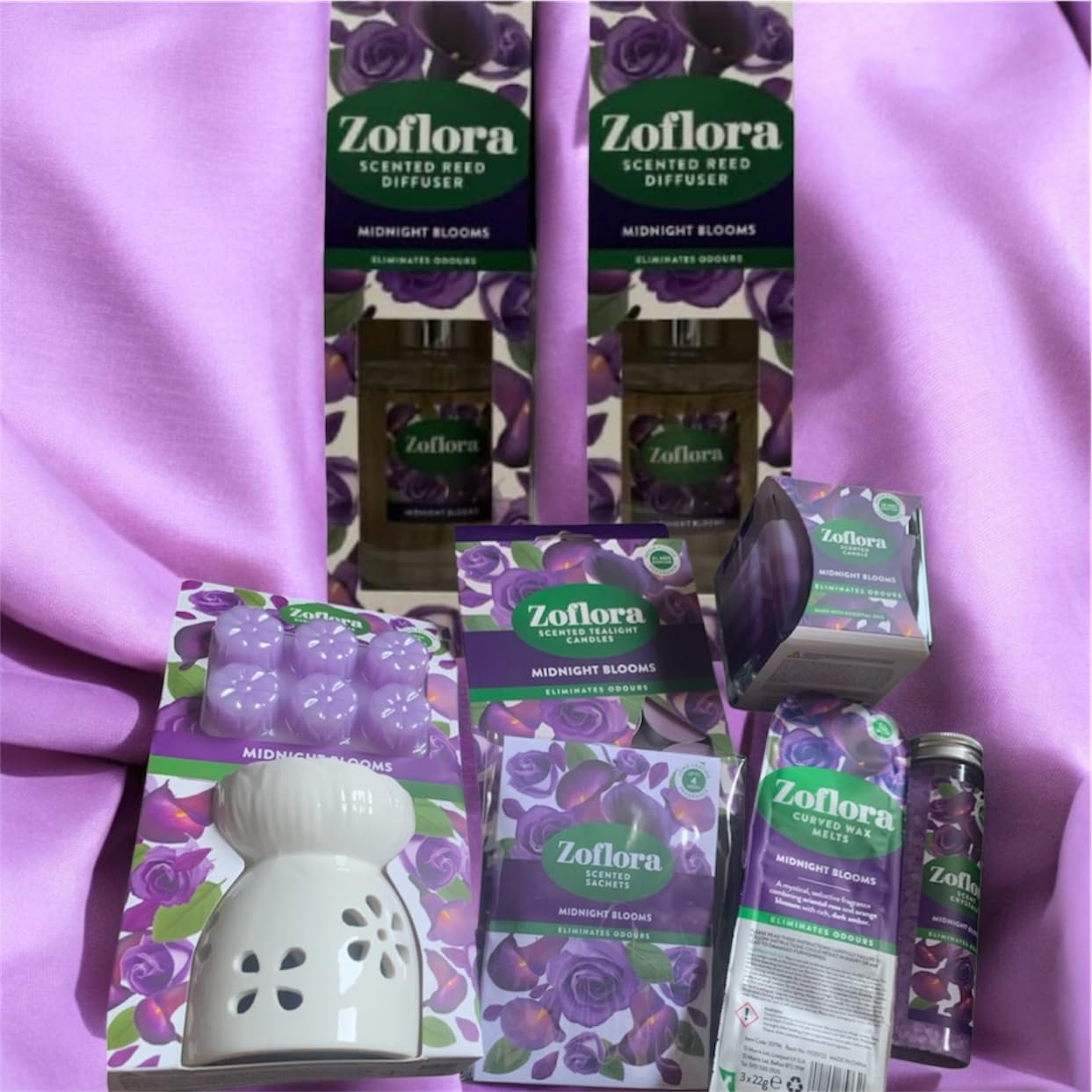 Allglazz Midnight Blooms Home Fragrance Collection, Reed Diffusers, Ceramic Burner Set with Wax Melts, Candles and Sachets free bespoke greetings card for any occasion
