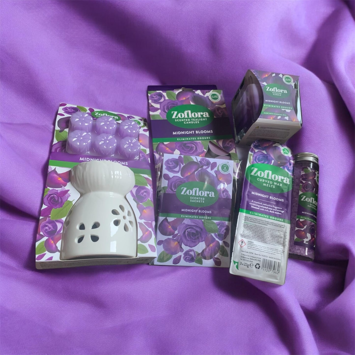 Allglazz Midnight Blooms Home Fragrance Gift Set, Ceramic Burner with Scented Crystals, Wax Melts and Candles free bespoke greetings card for any occasion