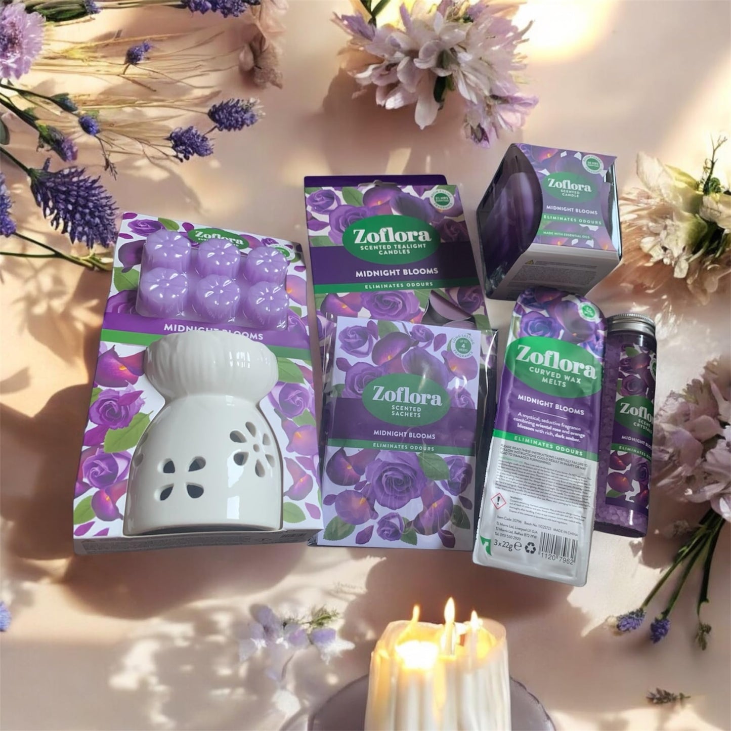 Allglazz Midnight Blooms Home Fragrance Gift Set, Ceramic Burner with Scented Crystals, Wax Melts and Candles free bespoke greetings card for any occasion