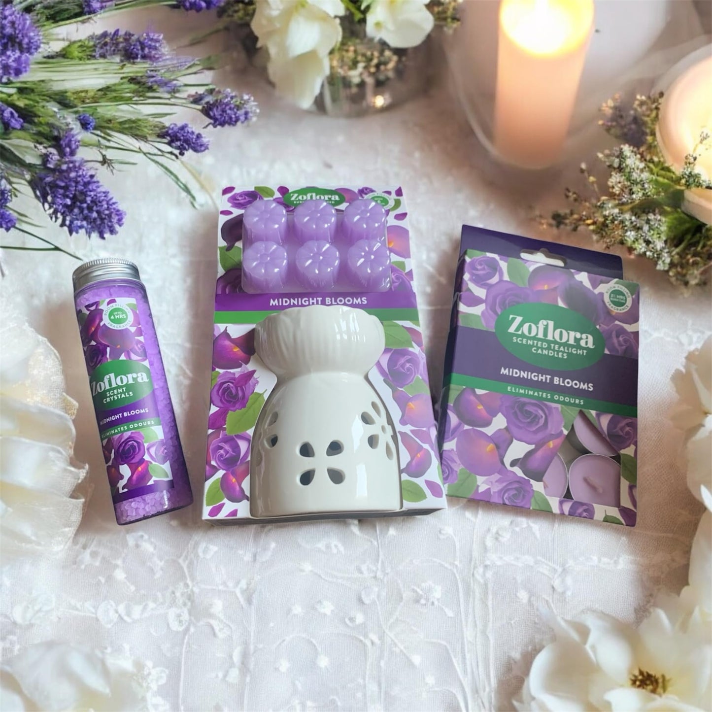 Allglazz Gift Hamper Midnight Blooms Gift Set, Scented Crystals, Wax Melts and Tealight Candles, Home Fragrance Collection, Free Bespoke Greetings Card for Any Occasion