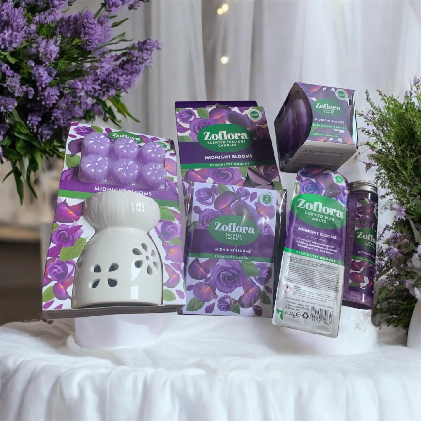 Allglazz Midnight Blooms Home Fragrance Gift Set, Ceramic Burner with Scented Crystals, Wax Melts and Candles free bespoke greetings card for any occasion
