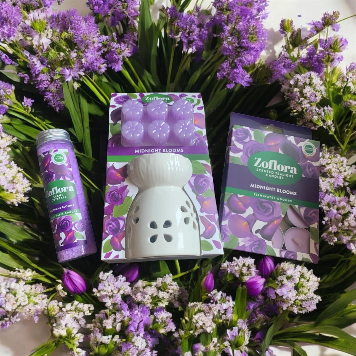 Allglazz Gift Hamper Midnight Blooms Gift Set, Scented Crystals, Wax Melts and Tealight Candles, Home Fragrance Collection, Free Bespoke Greetings Card for Any Occasion