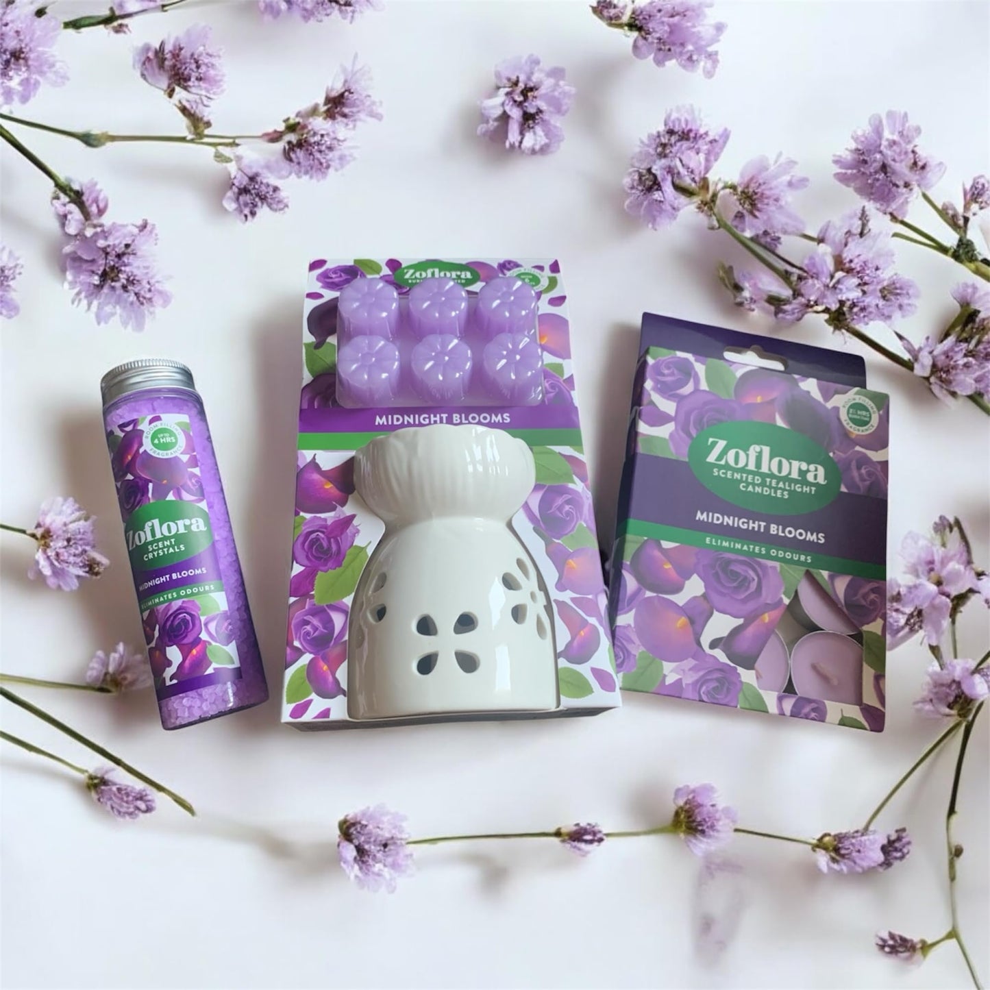Allglazz Gift Hamper Midnight Blooms Gift Set, Scented Crystals, Wax Melts and Tealight Candles, Home Fragrance Collection, Free Bespoke Greetings Card for Any Occasion