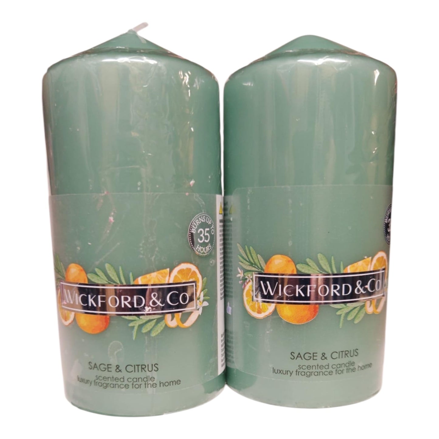 Sage & Citrus Scented Pillar Candles, Luxury Home Fragrance, Set of 2, 35 Hour Burn Time