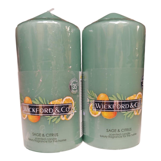 Sage & Citrus Scented Pillar Candles, Luxury Home Fragrance, Set of 2, 35 Hour Burn Time