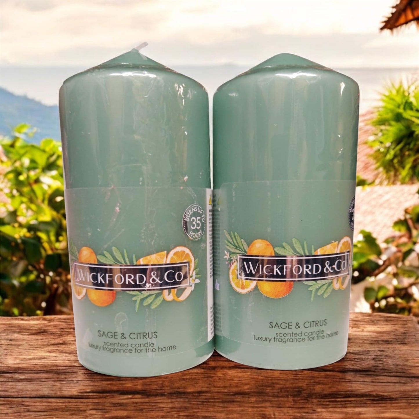 Sage & Citrus Scented Pillar Candles, Luxury Home Fragrance, Set of 2, 35 Hour Burn Time