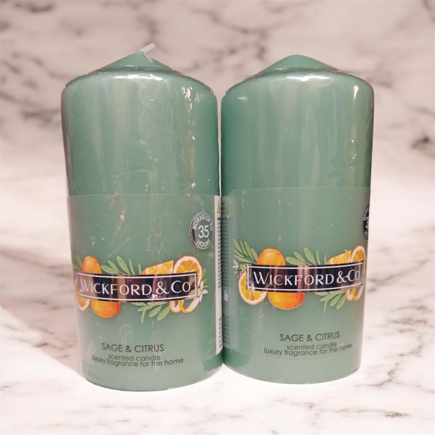 Sage & Citrus Scented Pillar Candles, Luxury Home Fragrance, Set of 2, 35 Hour Burn Time