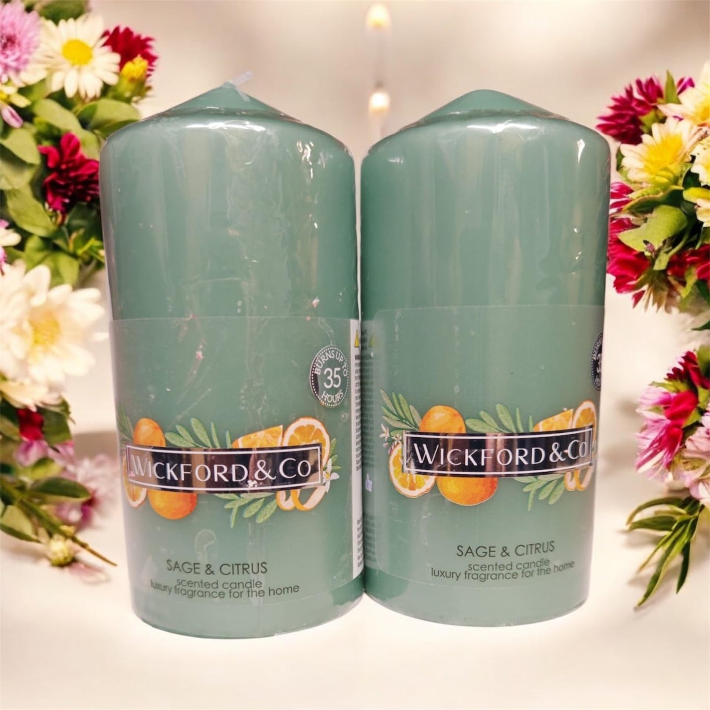 Sage & Citrus Scented Pillar Candles, Luxury Home Fragrance, Set of 2, 35 Hour Burn Time
