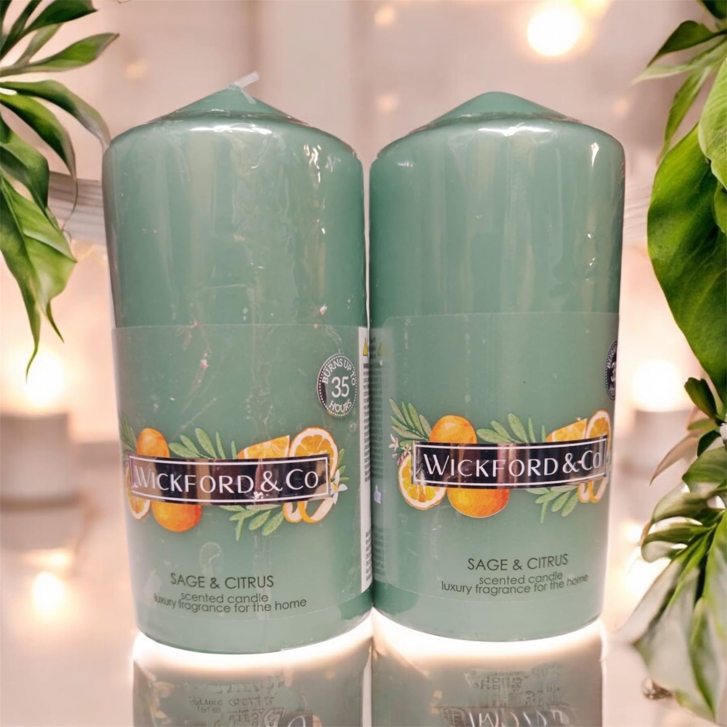 Sage & Citrus Scented Pillar Candles, Luxury Home Fragrance, Set of 2, 35 Hour Burn Time