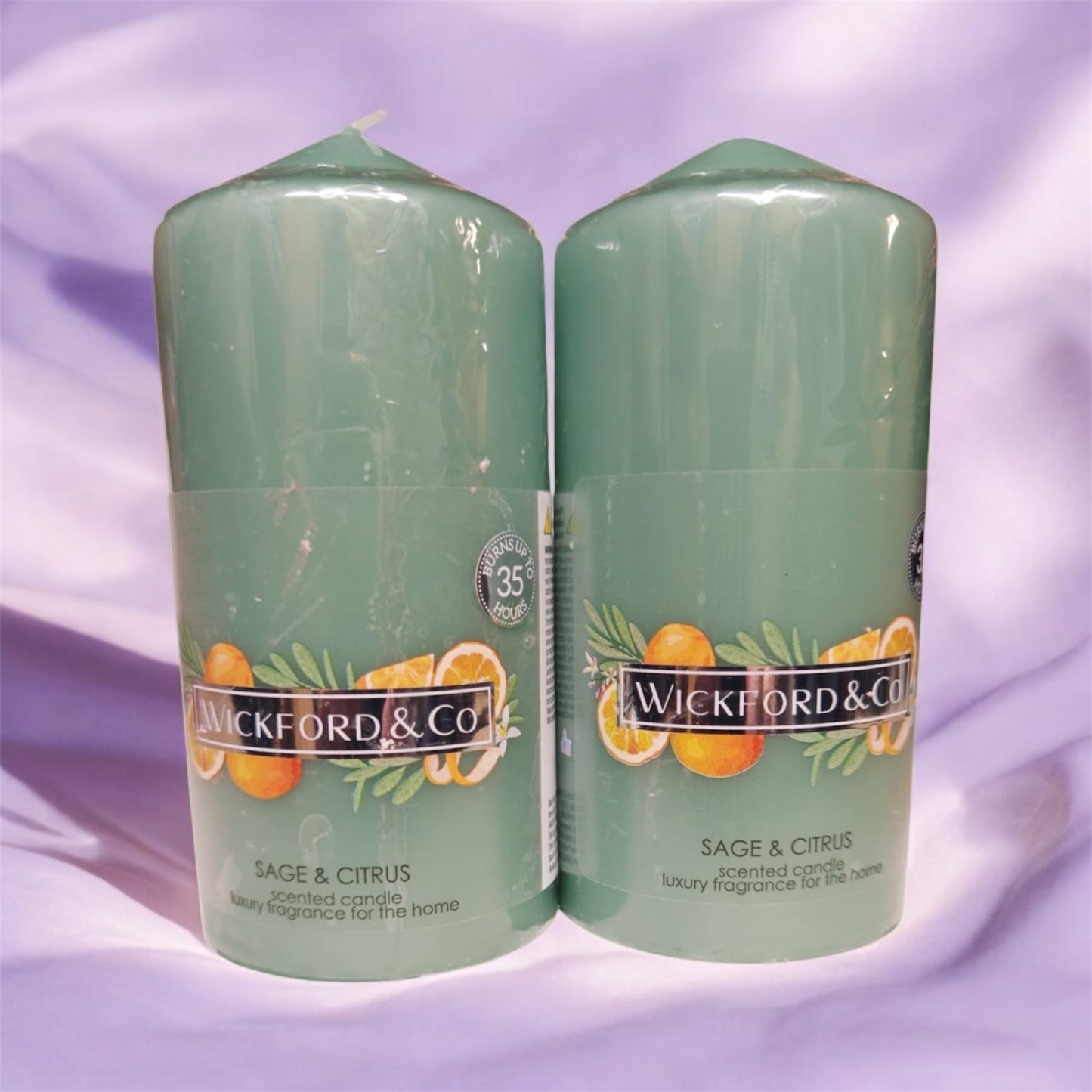 Sage & Citrus Scented Pillar Candles, Luxury Home Fragrance, Set of 2, 35 Hour Burn Time