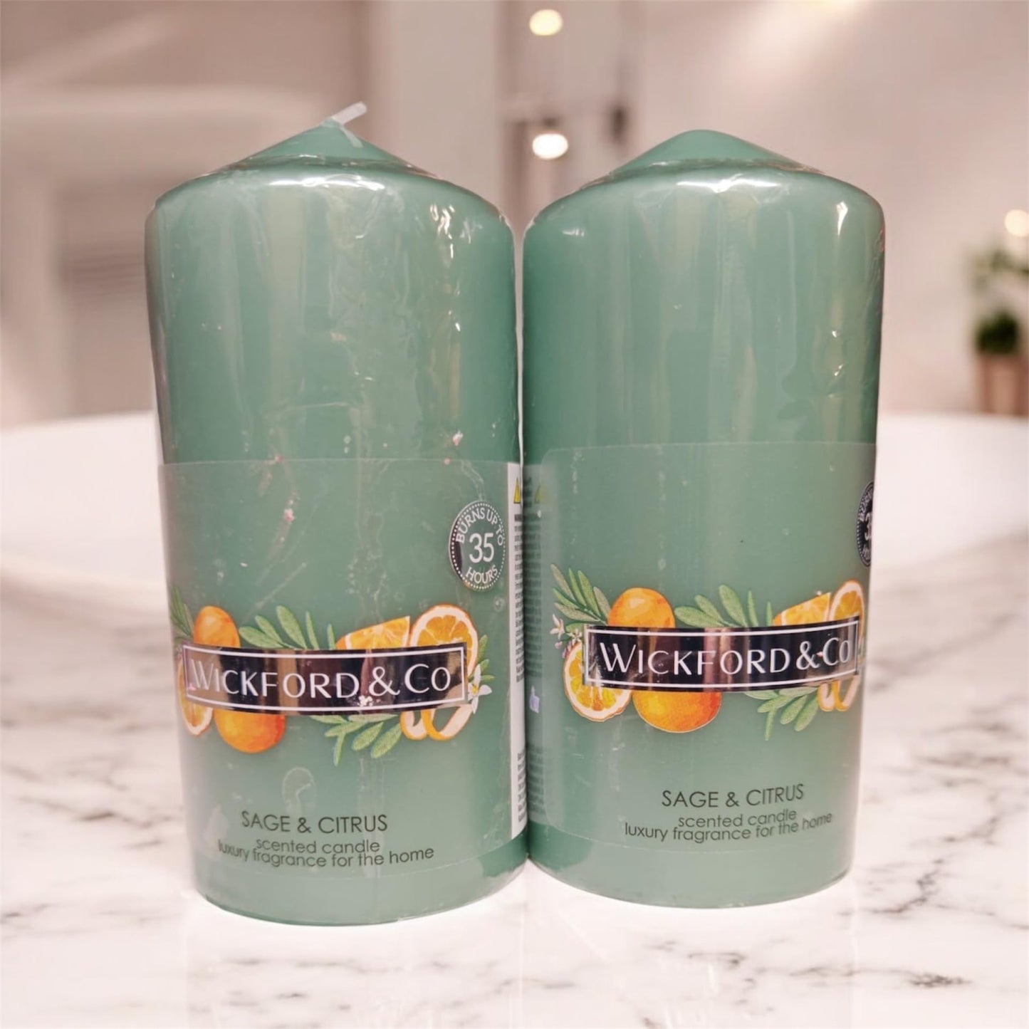 Sage & Citrus Scented Pillar Candles, Luxury Home Fragrance, Set of 2, 35 Hour Burn Time