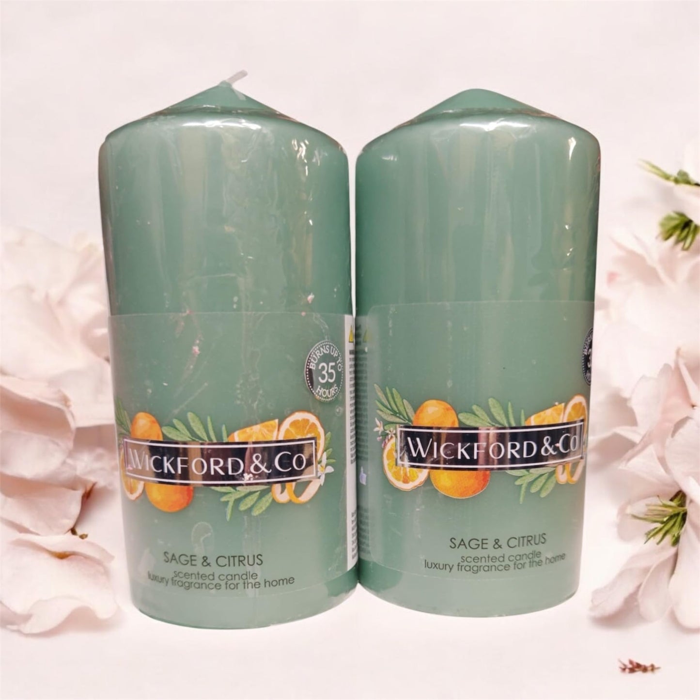 Sage & Citrus Scented Pillar Candles, Luxury Home Fragrance, Set of 2, 35 Hour Burn Time