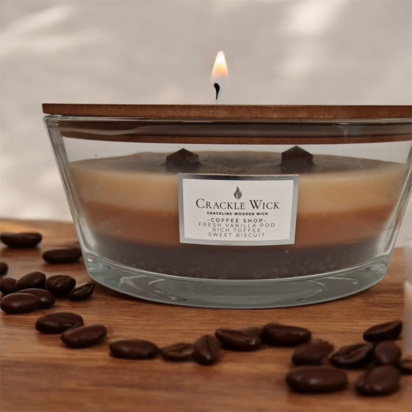 Crackle Wick Coffee Shop Layered Scented Candle with Wooden Wick, Fresh Vanilla Pod, Rich Toffee & Sweet Biscuit