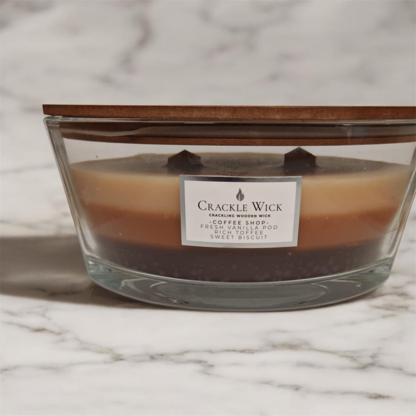 Crackle Wick Coffee Shop Layered Scented Candle with Wooden Wick, Fresh Vanilla Pod, Rich Toffee & Sweet Biscuit