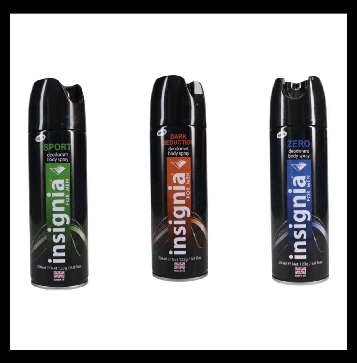 Insignia Men's Deodorant Body Spray, 200ml - 3 Pack - Zero, Dark Seduction & Sport
