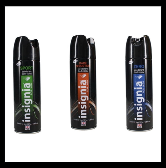 Insignia Men's Deodorant Body Spray, 200ml - 3 Pack - Zero, Dark Seduction & Sport